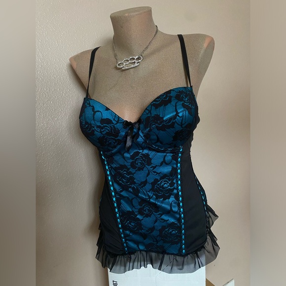 Blue & Black Push Up Corset Top with Lace & Ruffles - Picture 2 of 6
